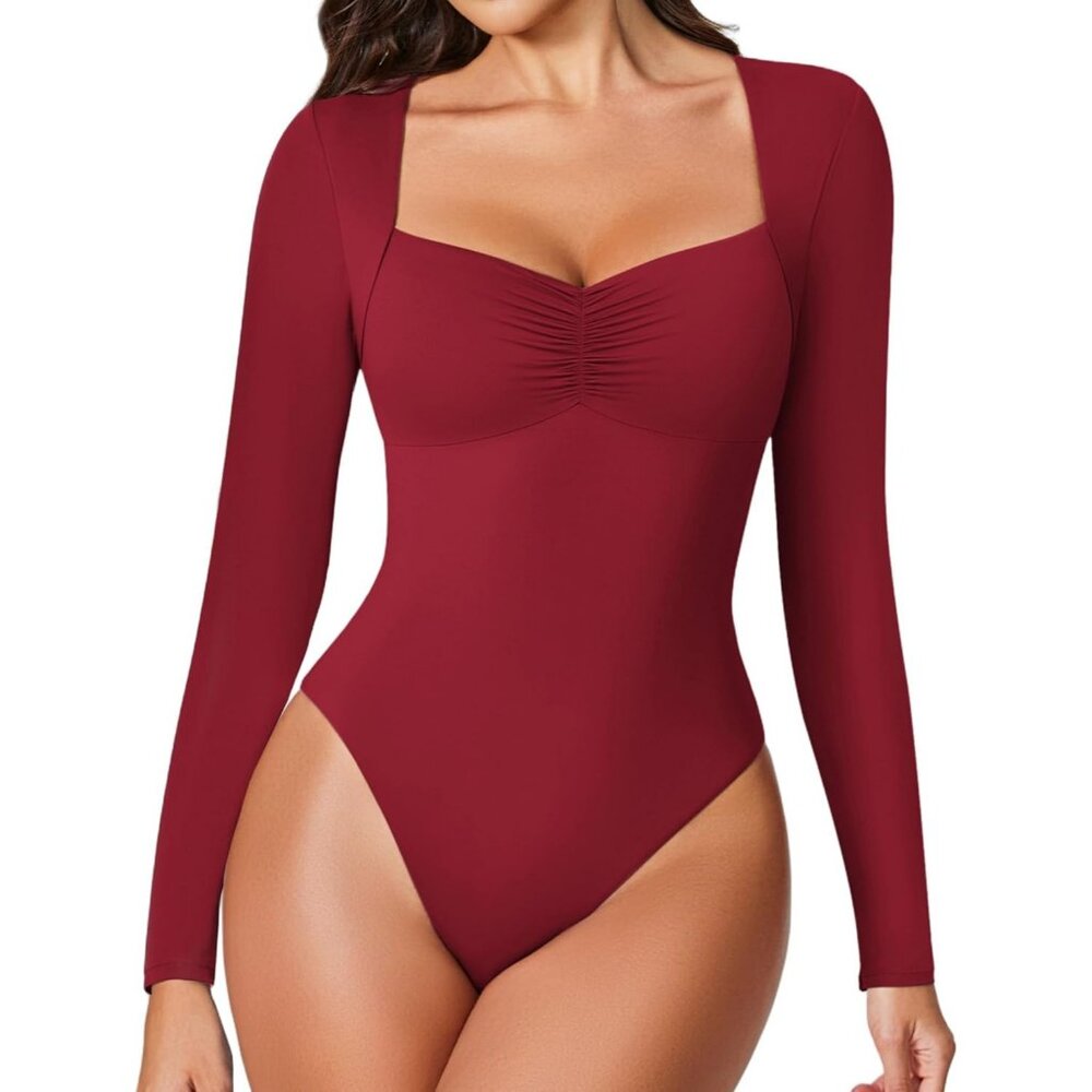 Women's Sexy Sweetheart Neckline Dark Red Bodysuit Long Sleeve Double Tops